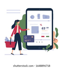 Tienda en línea - moderna ilustración plana vectorial concepto de la mujer compra en línea Interacción en el sitio web y proceso de compra. Plantilla de diseño de página de inicio creativa.