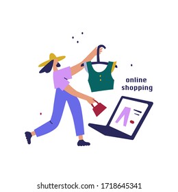 Tienda en línea. Ilustración vectorial plana del concepto de compra en línea de mujeres. Interacción de sitios web y proceso de compra. 