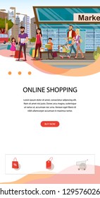 Online Shop Flat Vector Vertical Web Banner or Landing Page Template with Happy Parents with Kids, Walking City Street, Carrying Shopping Packets and Cart Full of Goods after Leaving Grocery Store