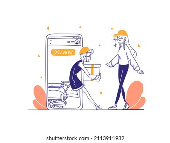 Online shop free courier deliver item with motorcycle concept illustration outline hand drawn style Premium Vector