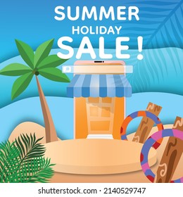 Online Shop General Template papercut style Summer Holiday beach version for Social media post