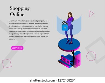 Online Shop, the girl makes a purchase. Flat isometry - vector graphics.