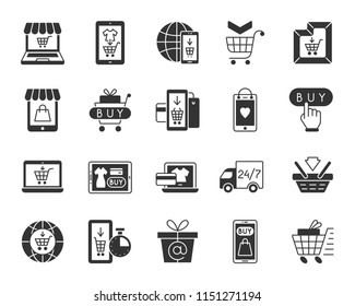 Online shop glyph icons set. Sign kit of ecommerce. Internet buy pictogram collection includes finance bank screen button, credit card. Simple online web store black symbol isolated. Vector Icon shape