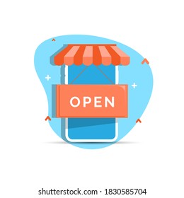 the online shop has reopened, access is from a mobile phone device flat icon, sign vector. flat design concept illustration. colorful, clean and modern style
