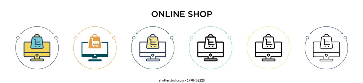 Online Shop Symbol in vollem, dünnen Linie, Umriss und Strich Stil. Vektorgrafik von zwei farbigen und schwarzen Online-Shop-Vektorgrafiken-Designs kann für mobile, i, i, web-basierte