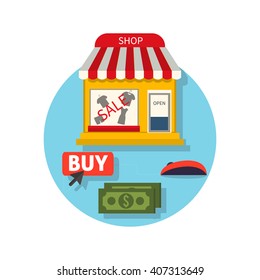 Online shop icon flat. Sale and buy. Buying in the internet shop. Selecting a product with the mouse cursor, the payment of money for the purchase. Showcase trendy clothing store. Vector illustration