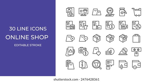 Online shop icon illustration stock editable stroke. order, box, discount and more