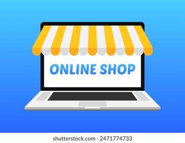 Online Shop Icon. Laptop icon. Flooded background. Flat style. Vector icon.