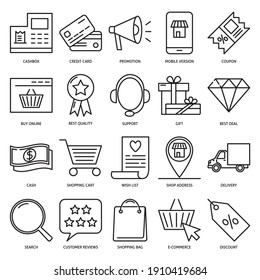 Online shop icon set in line style. Mobile shopping symbols collection. E-business vector illustration.