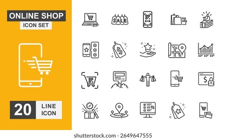 Conjunto de ícones de loja online. Ícone de preço, venda, loja, carrinho, distribuição, pagamento, compra e mais linha. Ilustração vetorial.