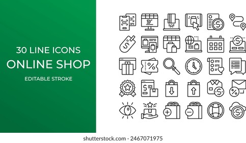 Online shop icon set vector line editable stroke. location, price, discount, purchase and more