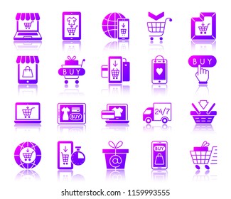 Online shop icon set. Violet sign kit of e-commerce. Internet buy vector pictograms includes advertising pay, clothes supermarket, mobile phone. Gradient contour simple web store icons isolated