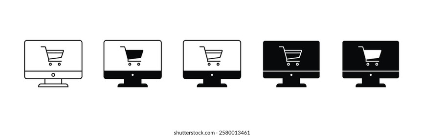 Online shop icon. Shopping bag on computer icon vector in line, flat, and color style on white background with editable stroke for apps and websites. Vector illustration