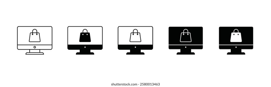 Online shop icon. Shopping bag on computer icon vector in line, flat, and color style on white background with editable stroke for apps and websites. Vector illustration