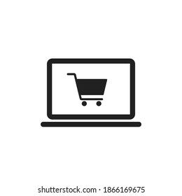 Online shop icon vector with laptop and store cart outline sign. Internet purchase by computer line pictogram. Digital web store sale and order making. Retail consumer basket on notebook pc. Eshop V3