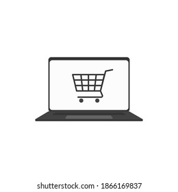 Online shop icon vector with laptop and store cart outline sign. Internet purchase by computer line pictogram. Digital web store sale and order making. Retail consumer basket on notebook pc. Eshop V2