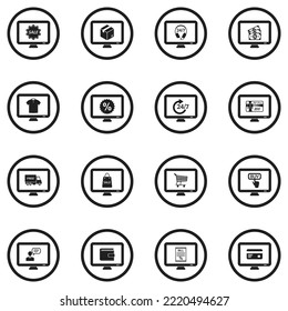 Online Shop Icons. Black Flat Design In Circle. Vector Illustration.
