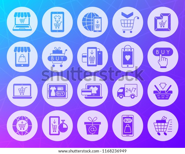 Online Shop icons set. Web sign kit of e\
commerce. Internet Buy pictogram trade basket, shopping bag, web\
store. Simple online shop vector symbol. Icon shape carved from\
circle on colorful\
background