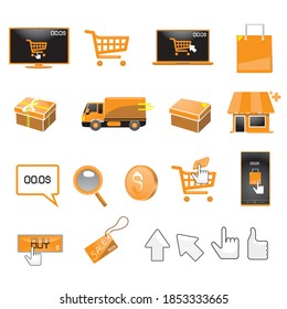 Online shop icons vector design. orange icon design set for shopping in internet