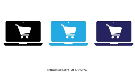 Loja online icon.Vetor illustration.Shopping carrinho no computador ícone vetor em linha, plano e estilo de cor no fundo branco com traço editável para aplicativos e sites.Conceito de compras online mostrado 
