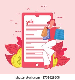 Online shop illustration flat design. girl carry totebag. shopping woman. on sale flat design character for web design.