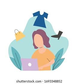 Online Shop Illustration - Girl in front of laptop want to shop online