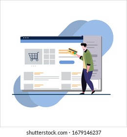 Online shop illustration, man buy with credit card illustration, vector isolated.