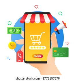 online shop illustration. people hand holding mobile phone with e-commerce app