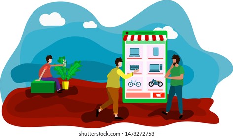 online shop illustration, people shopping through gadgets