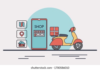 Online shop illustration. scooter with online store illustration. Home, location, map , money, smart phone, scooter, shop, market, store.