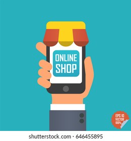 Online shop illustration. Smartphone with awning in hand for website or mobile application