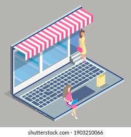 Online shop, isometric 3d laptop. Customers women choosing products at website. Spending money at goods in e-store. Women choosing, buying goods in online store, virtual shopping, flat style