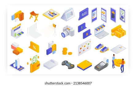 Online shop isometric icon set. Sales and discounts, Black friday, marketing strategy, mobile payment, e-commerce.