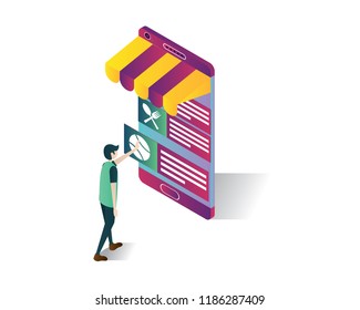 online shop isometric icons concept,shopping online illustration vector , isolated shopping online illustration