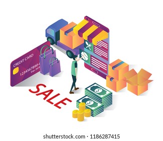 online shop isometric icons concept,shopping online illustration vector , isolated shopping online illustration