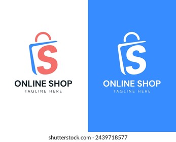 Tienda en línea con la letra S que se superpone en el concepto del diseño del vector del logotipo de la bolsa de compras. Símbolo del logotipo de la letra S de la compra en línea para ui, web , negocio de la tienda, comercio electrónico, mercado en línea, venta, promoción, anuncios.