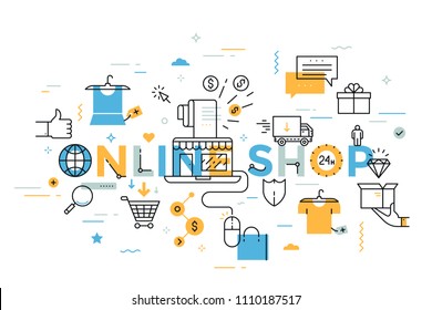Online shop lettering with laptop, clothes, delivery truck, shopping cart and bag, 24 hour service linear symbols. Creative infographic banner with elements in thin line style. Vector illustration.