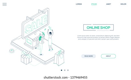 Online Shop - Line Design Style Isometric Web Banner On White Background With Copy Space For Text. Header With Happy Women, Big Smartphone With A Storefront, Percentage Signs.  