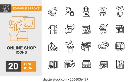 Online shop line editable icon set. Coupon, market, commercial, order, price, delivering and more line icons