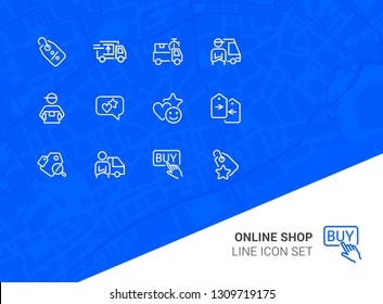 Online shop line icon set. Shopping concept. Delivery man, service, percent tag. Vector illustration can be used for topics like internet, trading, online shopping