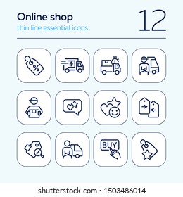 Online shop line icon set. Set of line icons on white background. Shopping concept. Delivery man, service, percent tag. Vector illustration can be used for topics like internet, trading, online