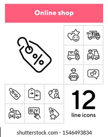 Online shop line icon set. Set of line icons on white background. Shopping concept. Delivery man, service, percent tag. Vector illustration can be used for topics like internet, trading, online