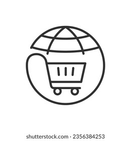 Online shop, linear icon. Globe and shopping trolley. Line with editable stroke