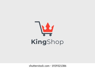 Online Shop Logo. Black Shopping Cart Line Icon with Red Crown Combination isolated on Vintage Background. Usable for Business and Branding Logos. Flat Vector Logo Design Template Element.