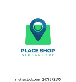 Online shop logo, combination shopping bag icon with location symbol