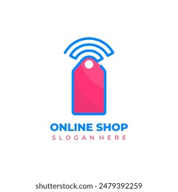 Online shop logo, combination wifi icon with price tag, colored blue and pink