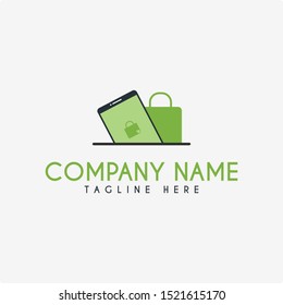 Diseñar un logotipo de tienda en línea con un icono de teléfono inteligente y una bolsa de compra verde