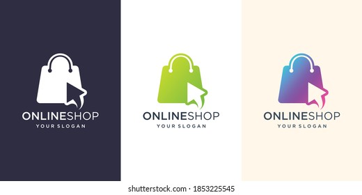 Online shop logo design inspiration.modern logo bag,online,easy click. vector design illustration template. Premium Vector