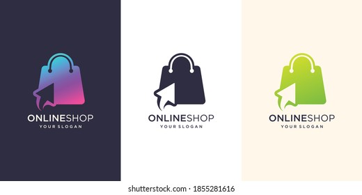 Online shop logo design inspiration.modern, logo bag,online,click.design illustration template. Premium Vector