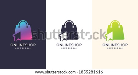 Online shop logo design inspiration.modern, logo bag,online,click.design illustration template. Premium Vector